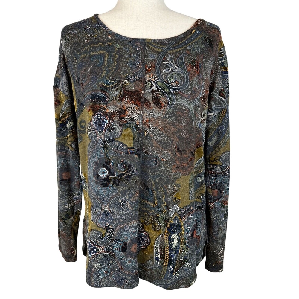 Snoskins Burnout Velvet‎ Long Sleeve Top Shirt Size M Multicolor Paisley USA